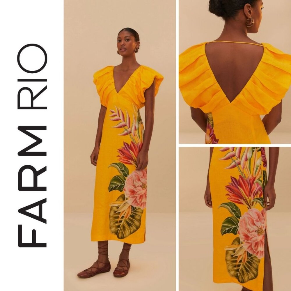 Farm Rio 100% Linen Midi Dress - Size: L